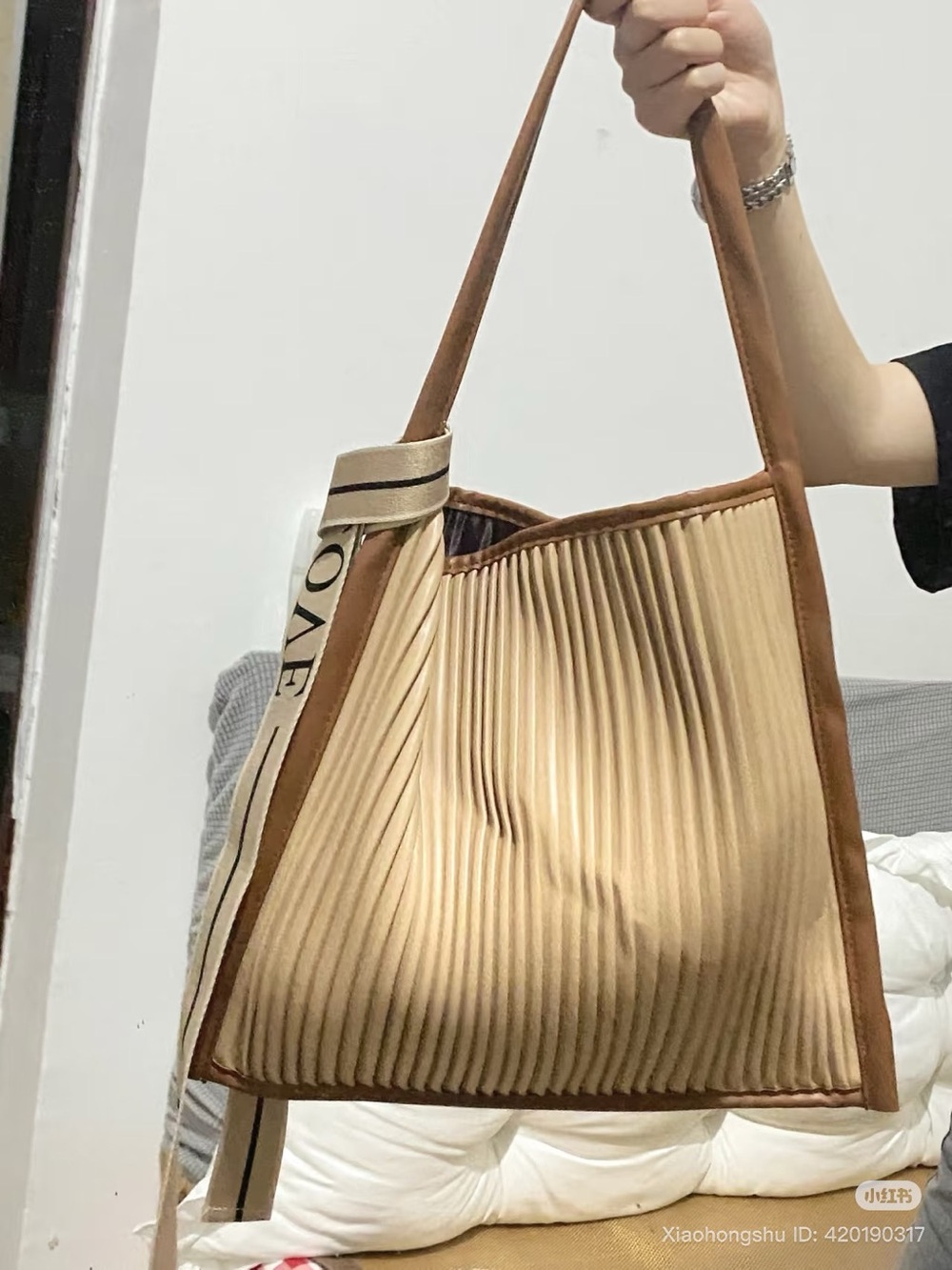 Beige Pleated Shoulder Tote Bag